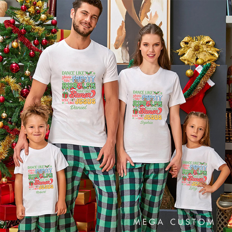 Personalized Frosty Rudolph Santa Jesus Christmas Family Matching Crew Neck T-Shirts with Name Christmas Gift Religious Gift