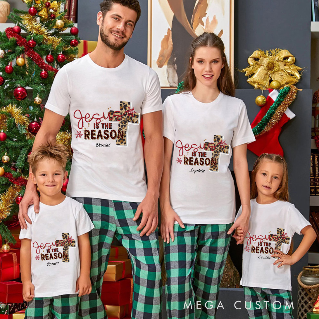 Personalized Jesus is the Reason Cross Family Matching Cotton T-Shirts with Name Religious Gift Christmas Gift for Family