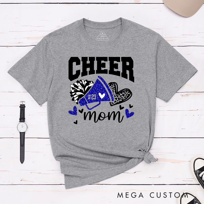 Personalized Cheer Mom T-Shirts Featuring Custom Name - Leopard Glitter Print Heart T-Shirt