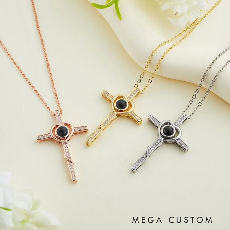 Personalized Cross Photo Projection Necklace with Picture Inside Custom Memorial Photo Pendant Sympathy Gift