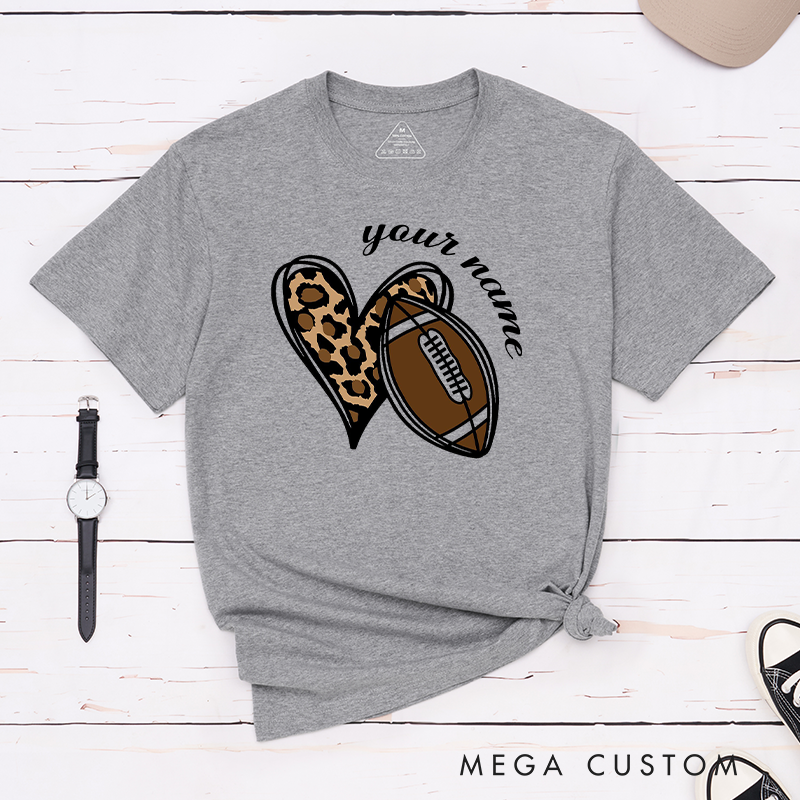 Personalized American Football and Rugby Leopard Love T-Shirts Featuring Custom Name