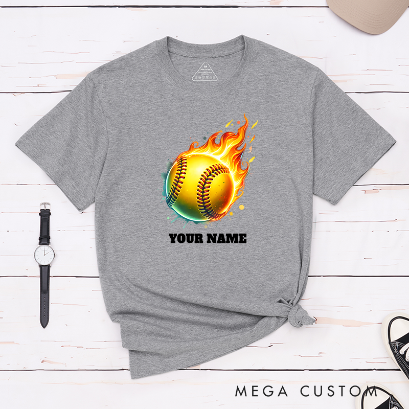 Personalized Fiery Softball T-Shirt Design Customizable Name Featuring a Dynamic Flaming Softball Graphic Perfect for Teams and Players