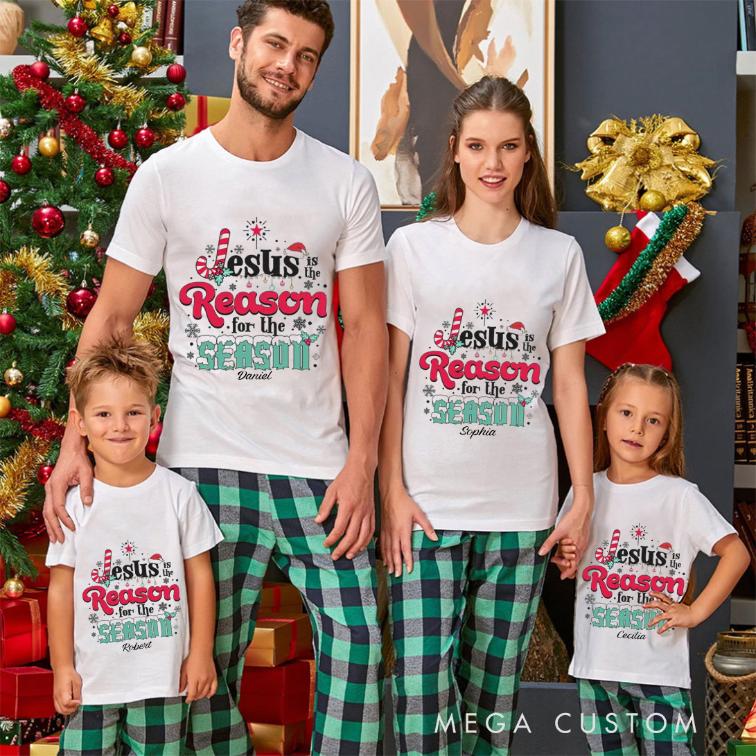 Personalized Jesus is the Reason for the Season Family Matching Cotton T-Shirts with Name Religious Gift Christmas Gift