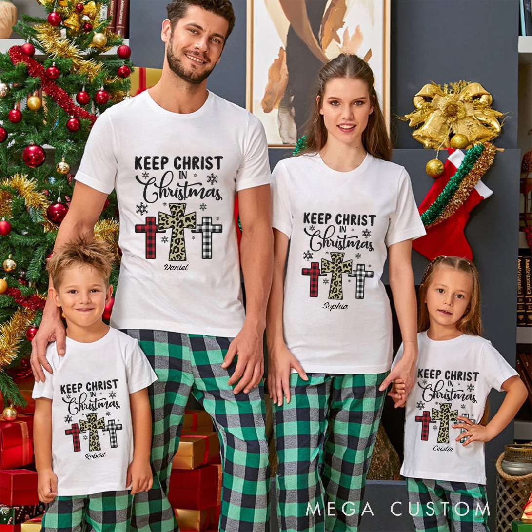 Personalized Keep Christ in Christmas Three Crosses Family Matching Cotton T-Shirts with Name Religious Gift Christmas Gift for Family