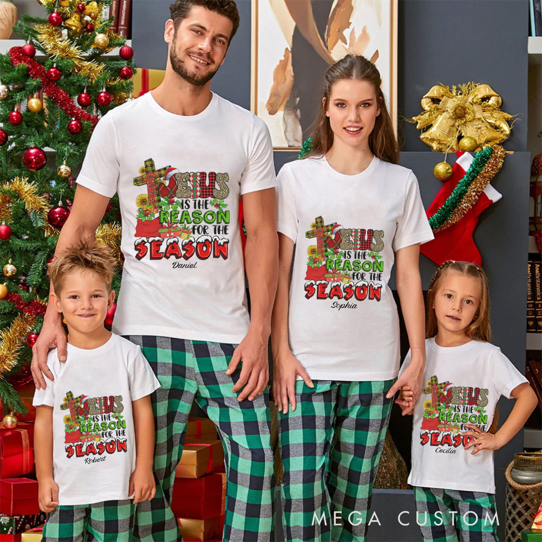 Personalized Jesus is the Reason for the Season with Cross Family Matching Cotton T-Shirts with Name Religious Gift Christmas Gift for Family