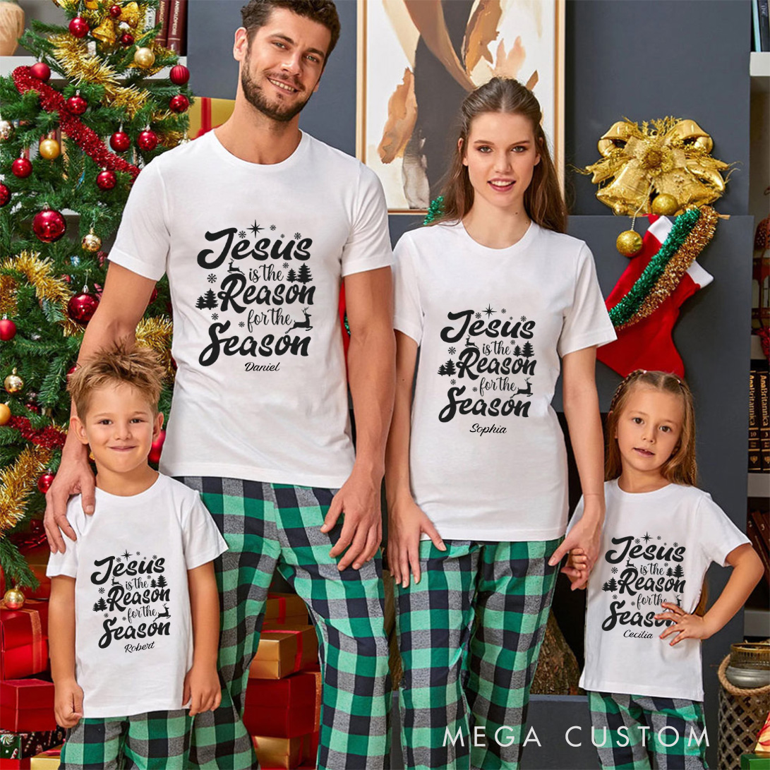 Personalized Jesus is the Reason for the Season Family Matching Cotton T-Shirts with Name Christian Gift Christmas Gift for Family