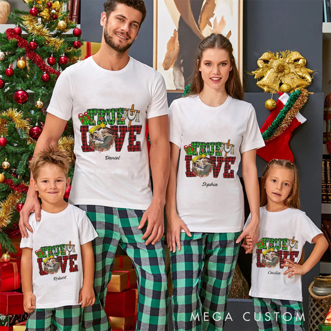 Personalized True Love Buffalo Plaid Family Matching Cotton T-Shirts with Name Religious Gift Christmas Gift for Family