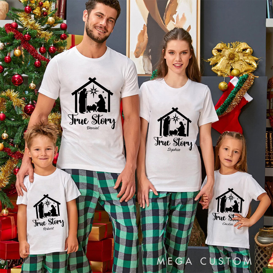 Personalized Nativity Jesus Scene True Story Family Matching Cotton T-Shirts with Name Religious Gift Christmas Gift for Family