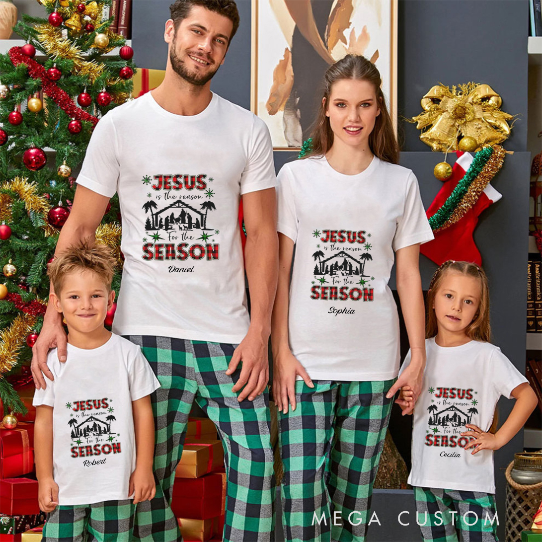Personalized Black Red Christmas Jesus Is the Reason for the Season Family Matching Crew Neck T-Shirts with Name Christmas Gift Religious Gift