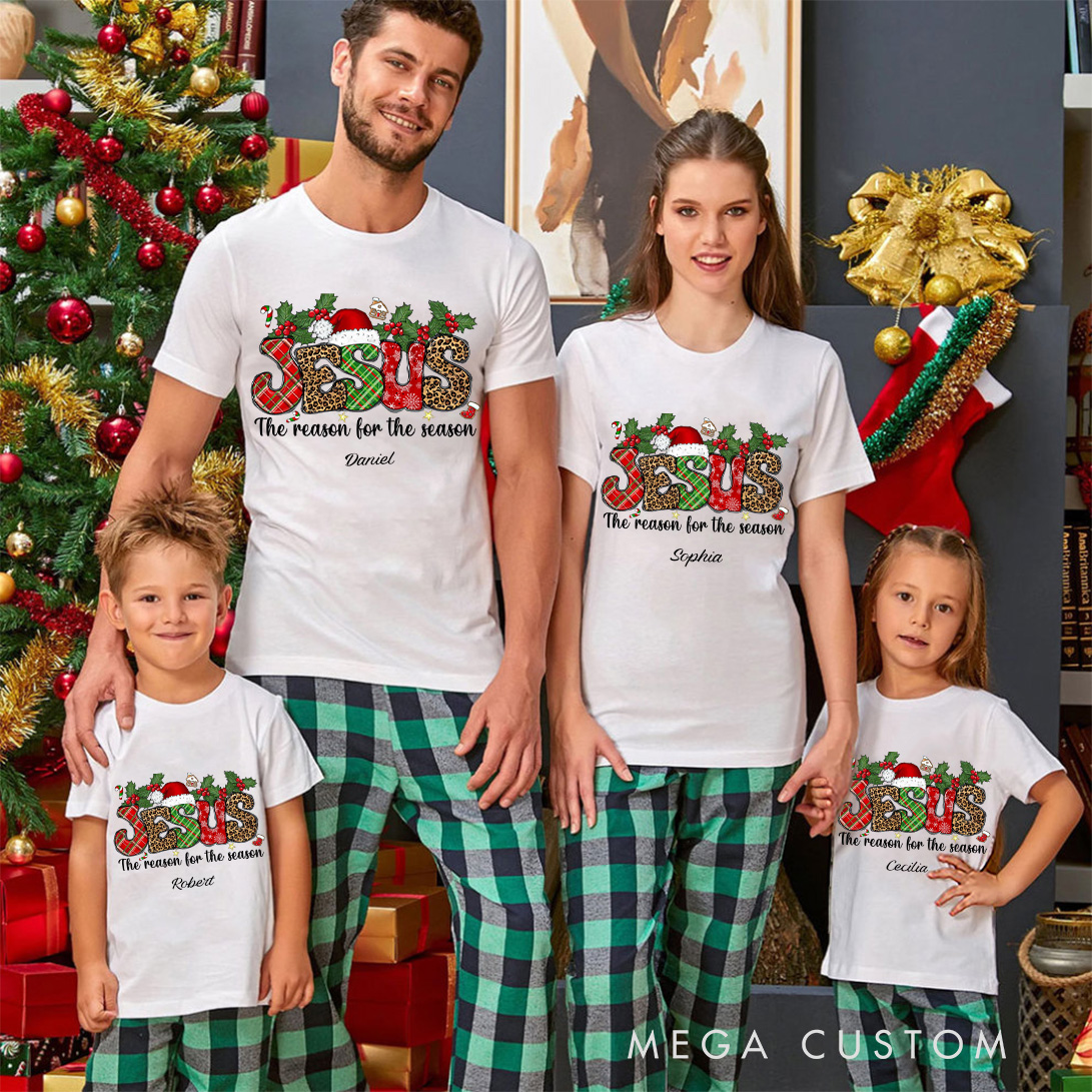 Personalized Jesus is the Reason for the Season Jesus Quotes Family Matching Cotton T-Shirts with Name Religious Gift Christmas Gift for Family