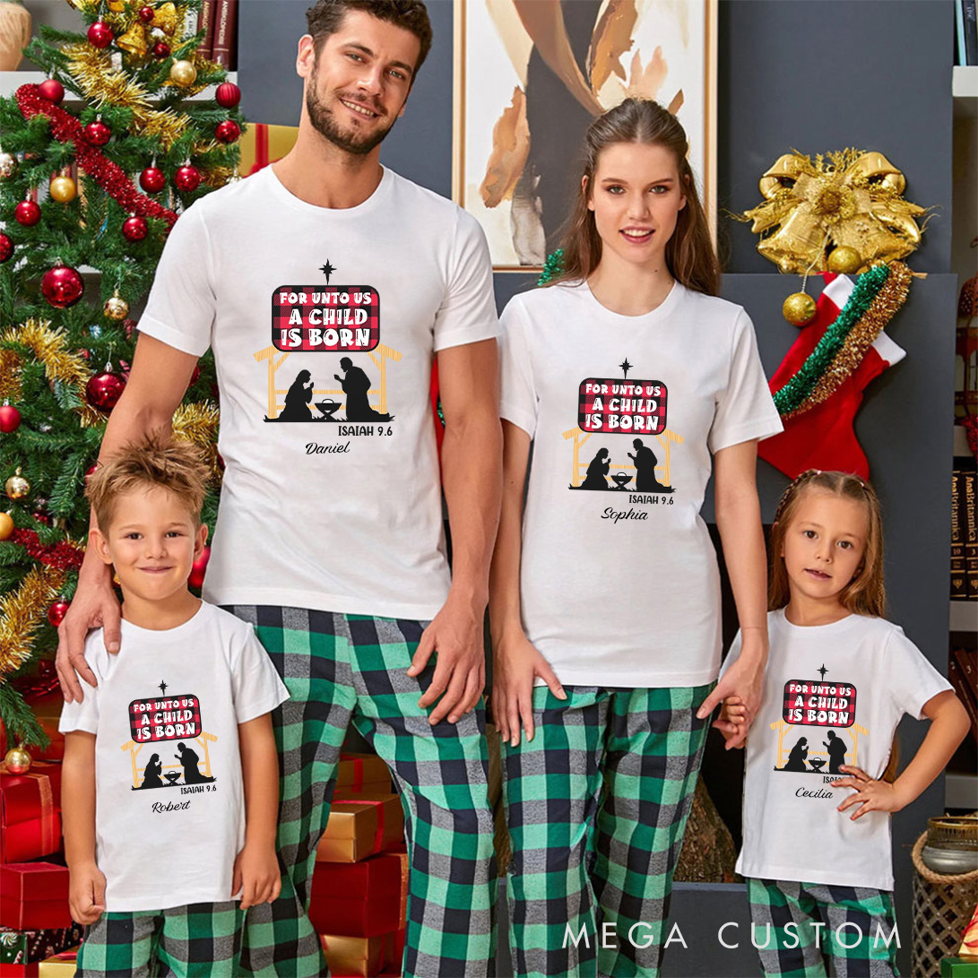 Personalized for unto us a Child is Born Isaiah 9:6 Family Matching Cotton T-Shirts with Name Religious Gift Christmas Gift for Family