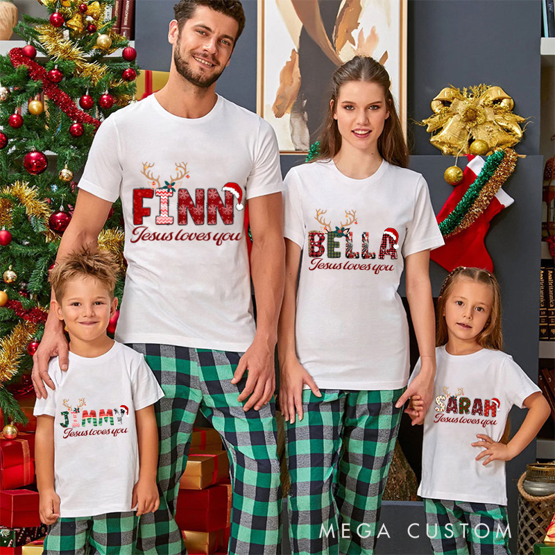Personalized Jesus Loves you Family Matching Cotton T-Shirts with Name Religious Gift Christmas Gift for Family