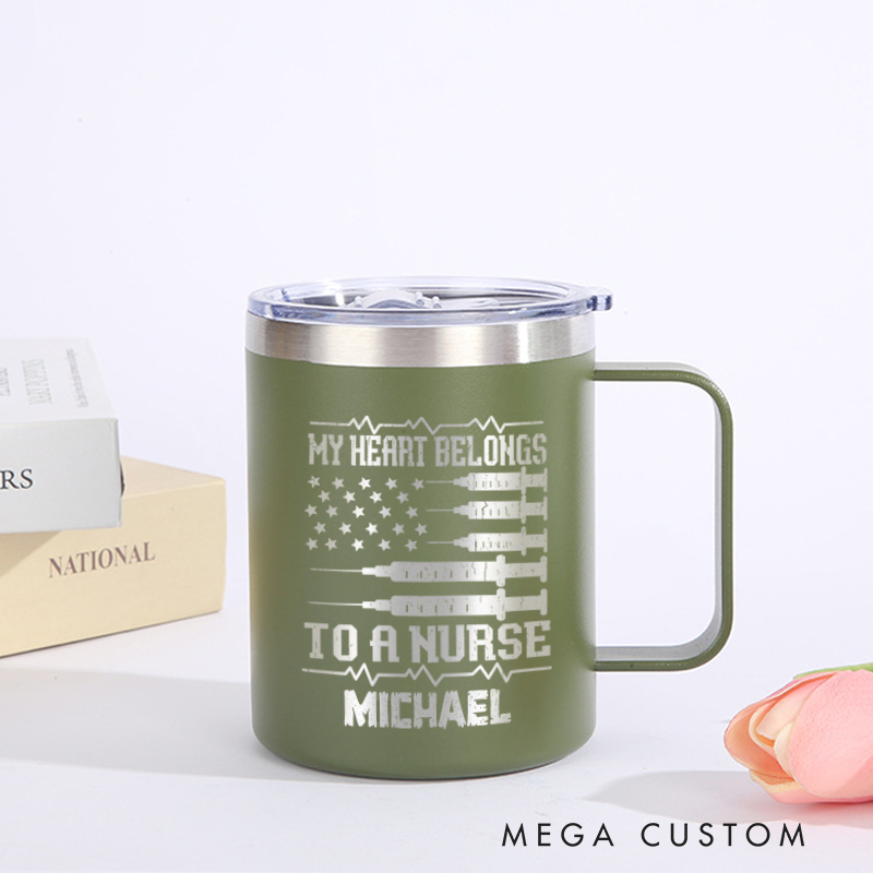 Personalized Laser Engraved Coffee Mug Custom My Heart Belongs to a Nurse Design Coffee Mugs Insulated Stainless Steel Mugs