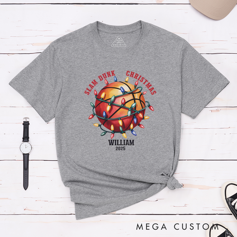 Personalized Christmas Basketball T-Shirt with Custom Name, Year, and Festive Holiday Lights Design