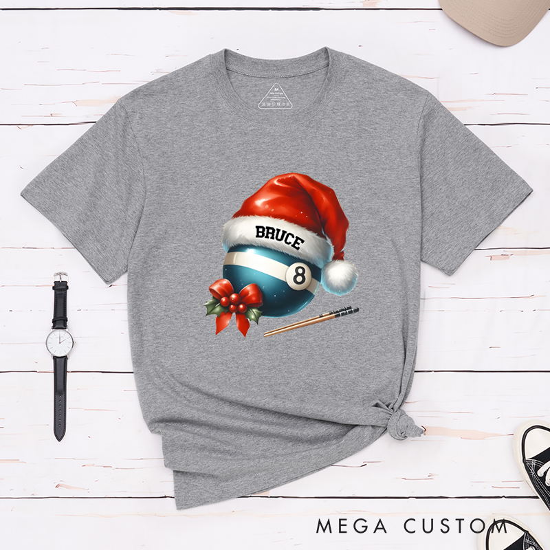 Personalized Christmas Billiards T-Shirt with Custom Name, Santa Hat, and Festive Design