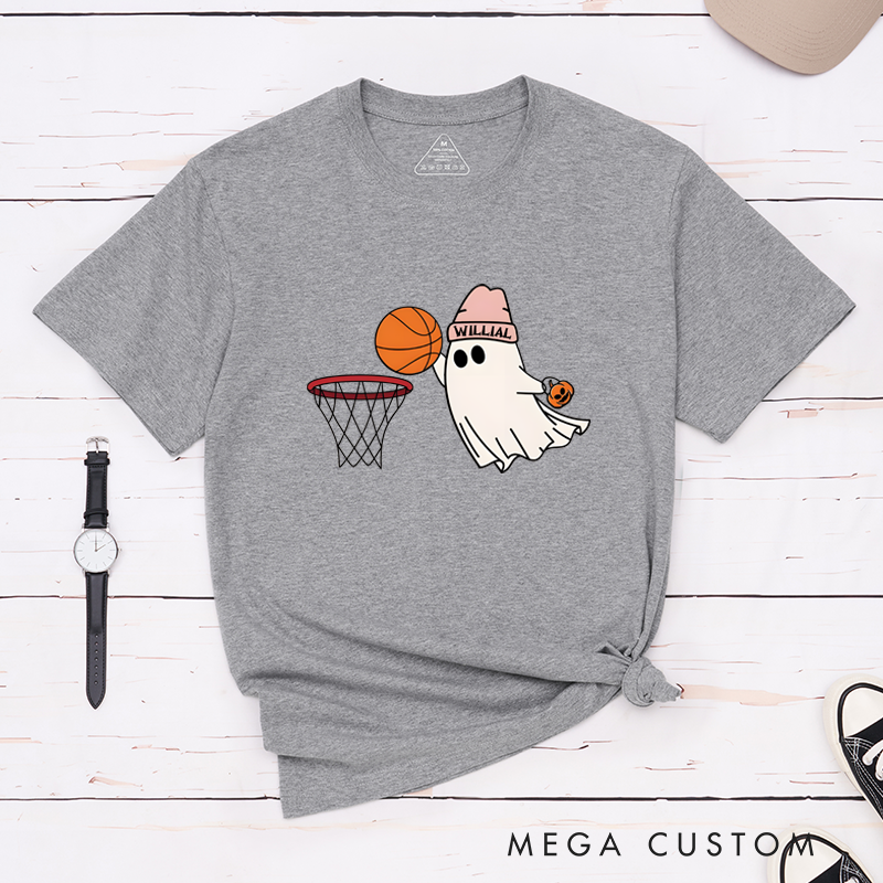 Personalized Halloween Basketball T-Shirt with Cute Ghost, Pumpkin, and Custom Name Design