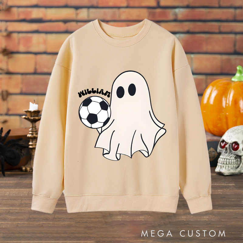 Personalized Halloween Soccer Sweatshirt with Cute Ghost, Soccer Ball, and Custom Name Design