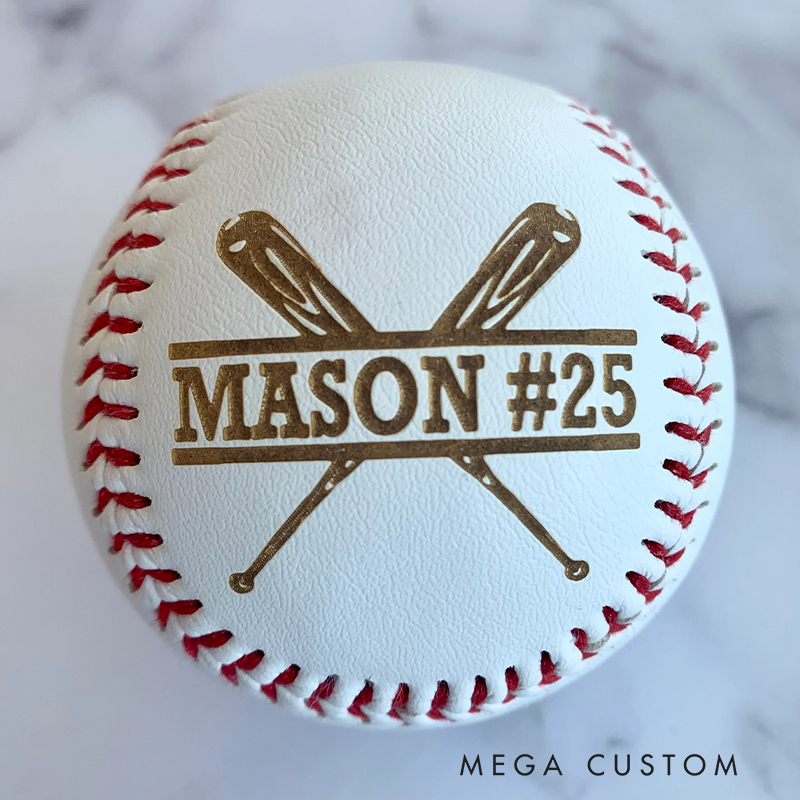 Personalized Baseball with Custom Name Number and Crossed Bats Design 