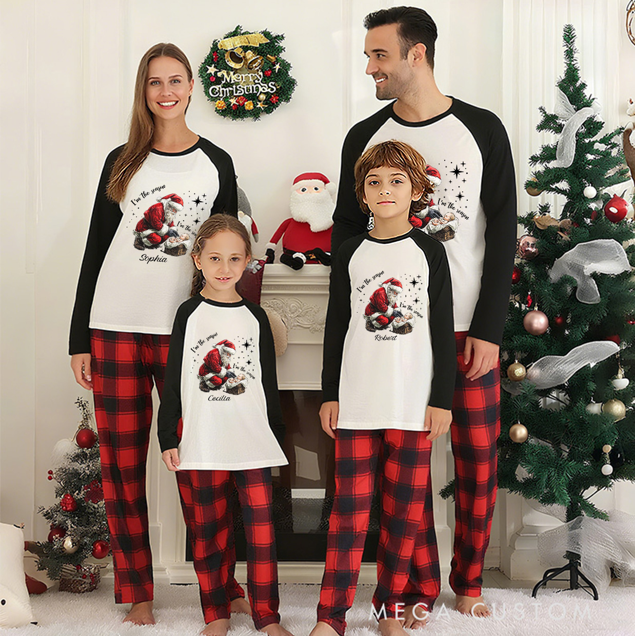 Personalized I am the Season I am the Reason Santa Claus and baby Jesus Long Sleeve Family Pajama Matching Set with Name Christian Christmas Gift