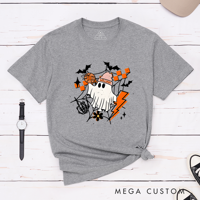 Personalized Halloween T-Shirt with Ghost, Basketball, Custom Name, and Number Design
