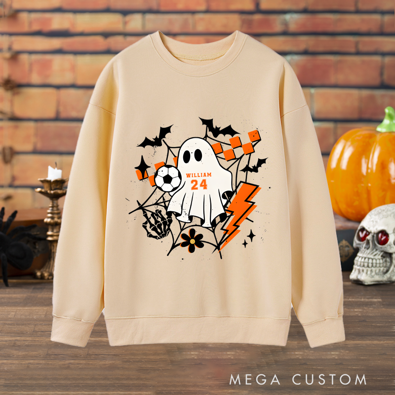 Personalized Halloween Sweatshirt with Ghost, Soccer Ball, Custom Name, and Number Design