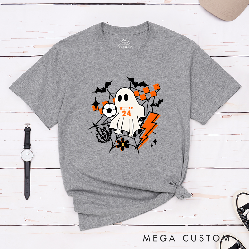 Personalized Halloween T-Shirt with Ghost, Soccer Ball, Custom Name, and Number Design
