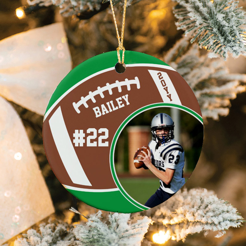 Personalized American Football Photo Design Christmas Ornament with Custom Number, Player Name and Year