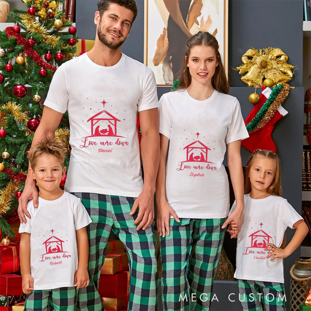 Personalized Love Came Down Jesus Born Christmas Family Matching Crew Neck T-Shirts with Name Religious Gift for Family