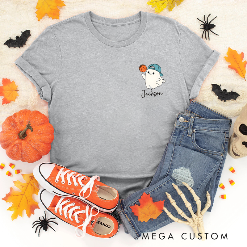 Personalized Halloween T-Shirt with Cute Ghost, Basketball, and Custom Name Design