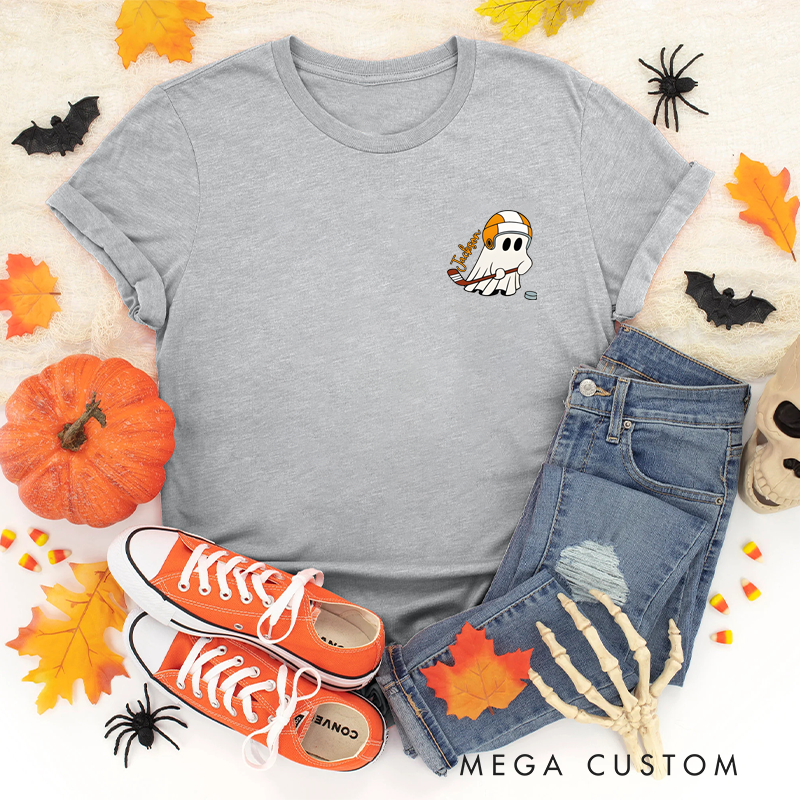Personalized Halloween T-Shirt with Ghost, Fall Leaves, and Custom Name Design