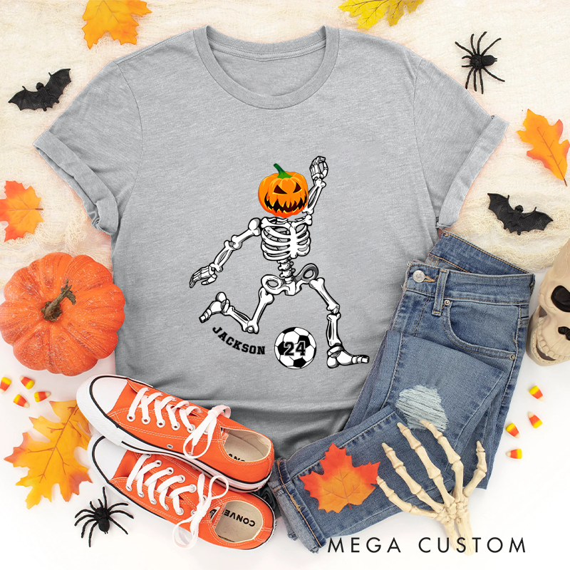 Personalized Halloween T-Shirt with Skeleton, Pumpkin Head, Soccer Ball, Custom Name, and Number Design