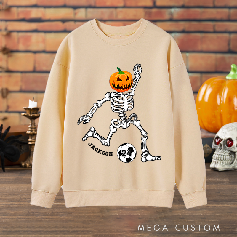 Personalized Halloween Sweatshirt with Skeleton, Pumpkin Head, Soccer Ball, Custom Name, and Number Design