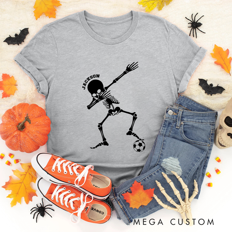 Personalized Halloween T-Shirt with Dabbing Skeleton, Soccer Ball, and Custom Name Design