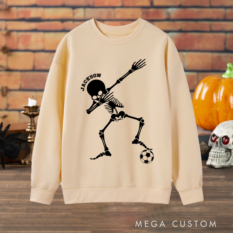 Personalized Halloween Sweatshirt with Dabbing Skeleton, Soccer Ball, and Custom Name Design