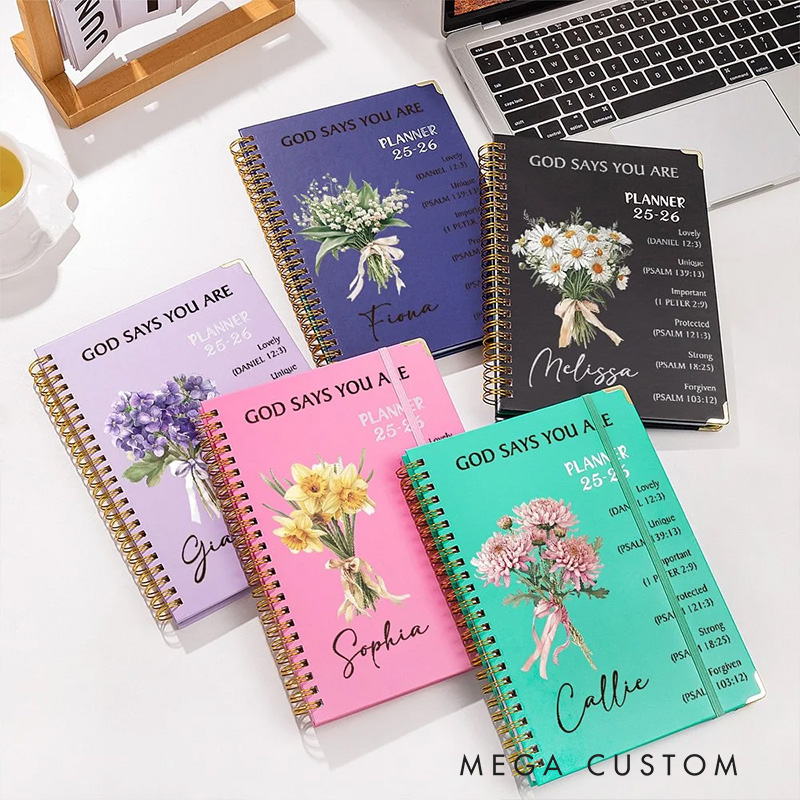 Personalized Flower Bouquet Bible Verse Planner 25-26 Spiral A5 Notebook with Name Birthday Gift Religious Gift for Christian