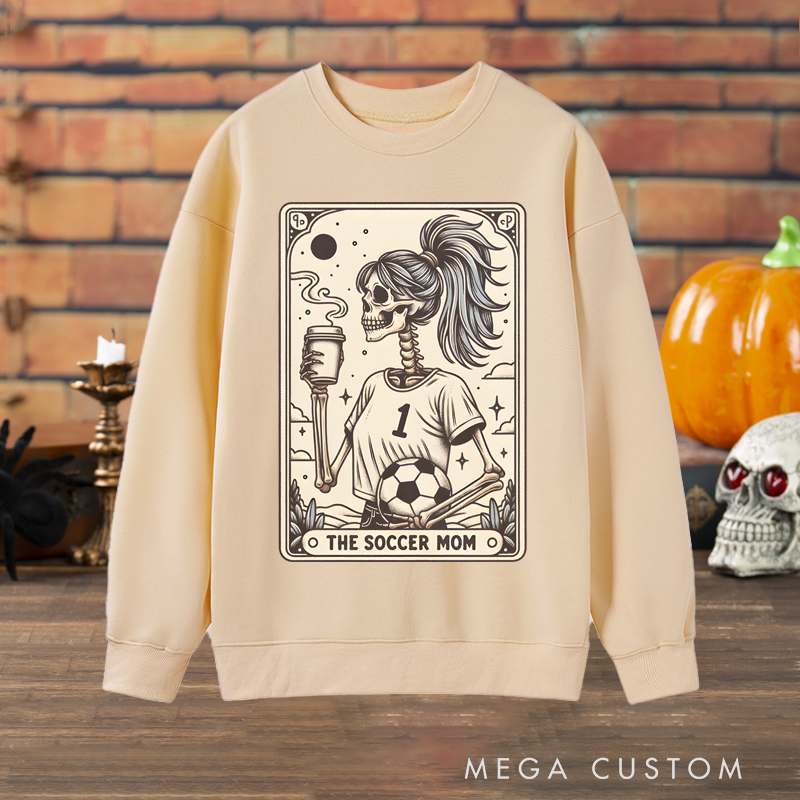 Personalized "The Soccer Mom" Halloween Sweatshirt with Skeleton Tarot Card Design and Custom Number