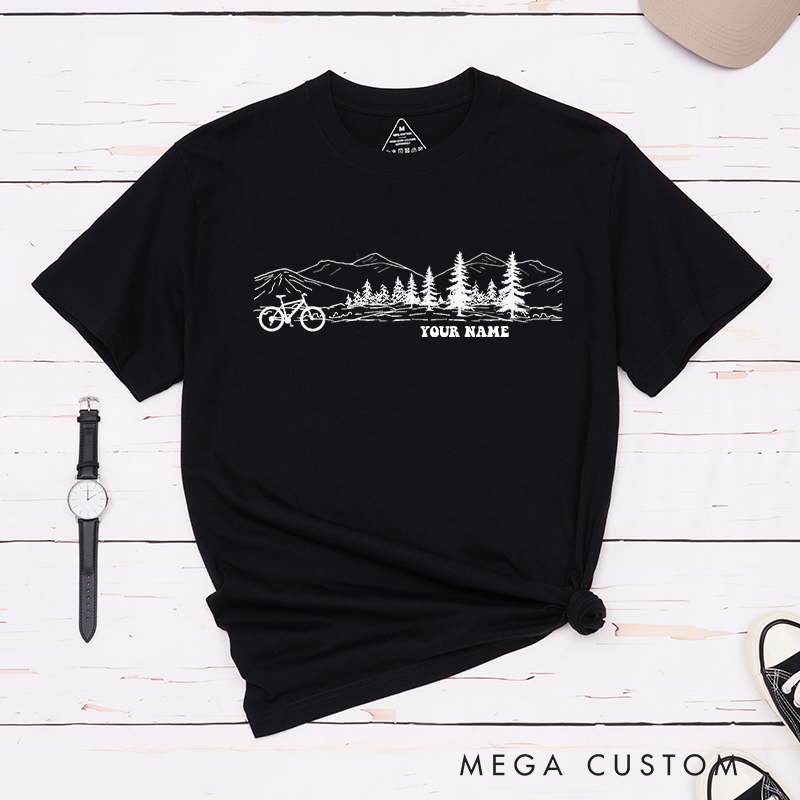 Personalized Scenic Mountain Bike T-Shirt with a Bicycle Outline for Outdoor Adventures Riding Cycling Biking Enthusiasts