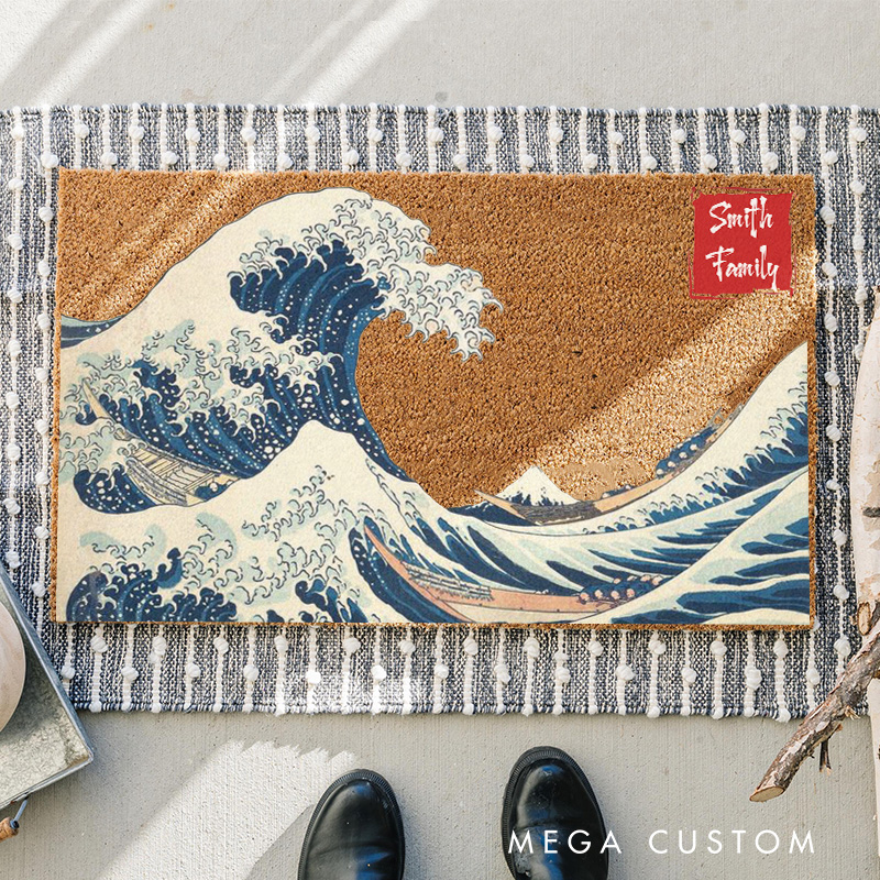 Personalized The Great Wave Artistic Doormat Ukiyo-e Family Door Mat Welcome Mat for Japanese Art Lovers Housewarming Gifts
