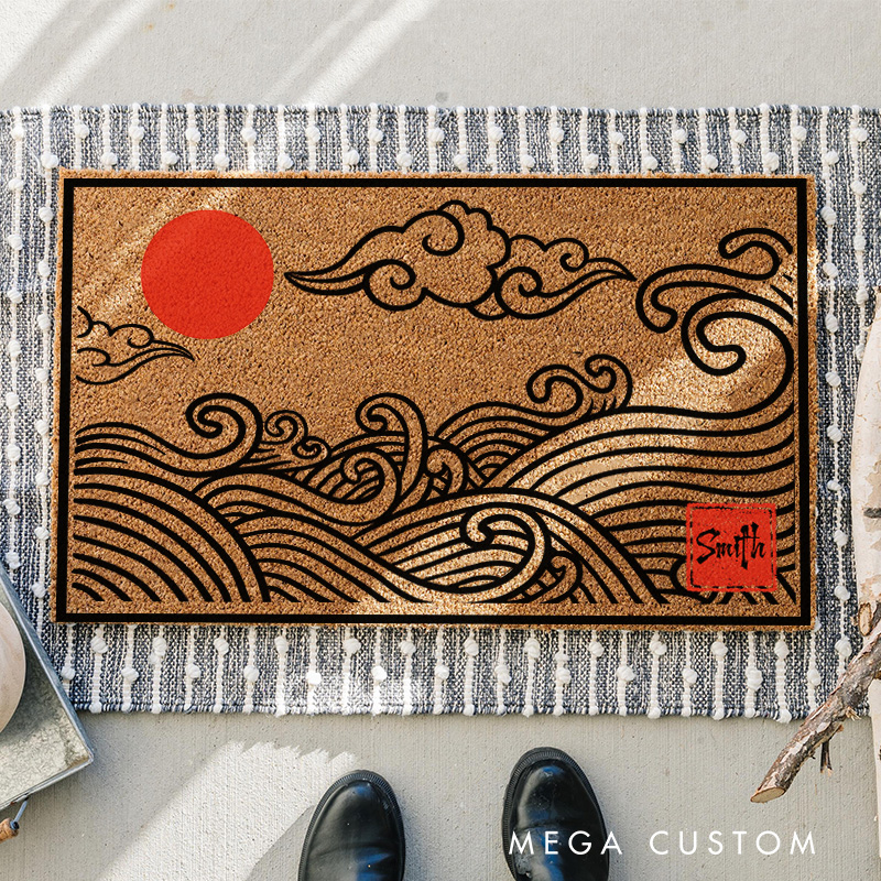 Personalized Japanese Wave Artistic Doormat Ukiyo-e Family Door Mat Welcome Mat for Japanese Art Lovers Housewarming Gifts