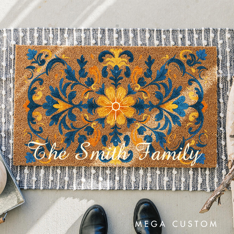Personalized Boho Floral Doormat Botanical Floral Family Door Mat Welcome Mat for Art Lovers Housewarming Gifts Persian Inspired