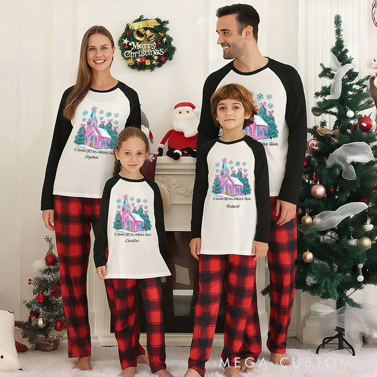 Personalized Oh Come Let Us Adore Him Pink Church Long Sleeve Family Pajama Matching Set with Name Christian Christmas Pajama Religious Xmas Gift