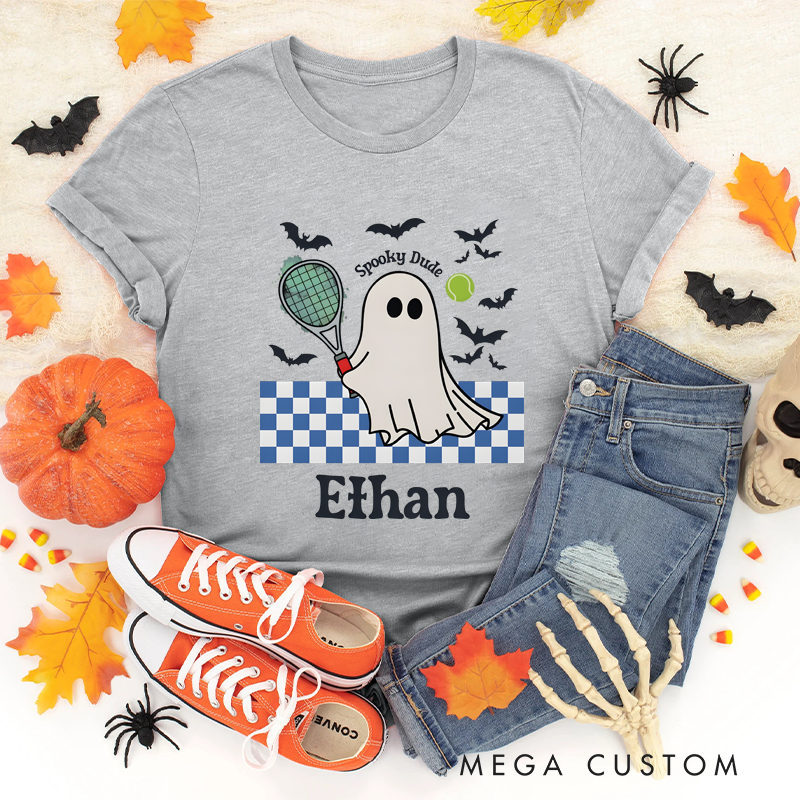 Personalized "Spooky Dude" Halloween T-Shirt with Ghost Tennis Design and Custom Name