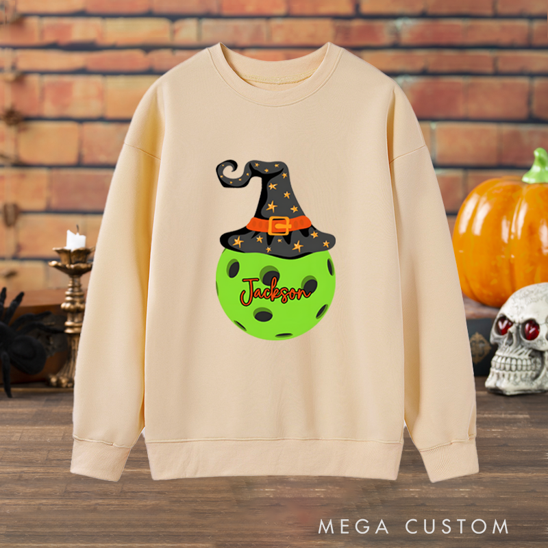 Personalized Halloween Pickleball Sweatshirt with Witch Hat and Custom Name Design