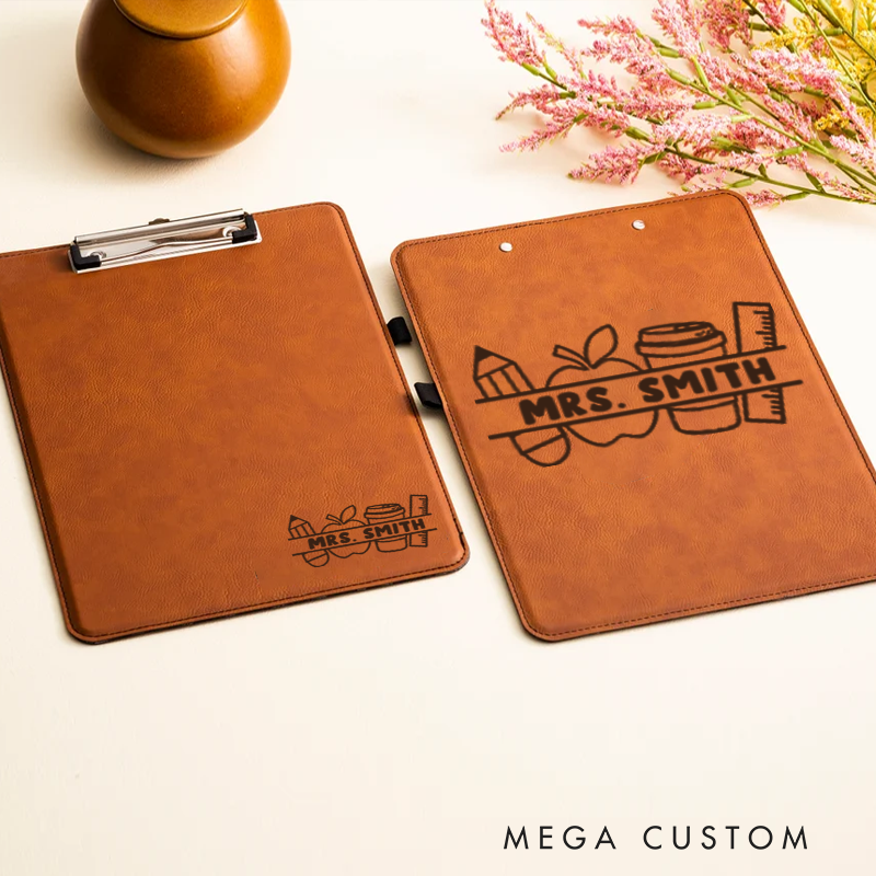 Personalized Double-Sided Leather Clipboard for Teachers Pencil Apple Coffee Design Clipboard Stylish and Practical Gift for Teachers