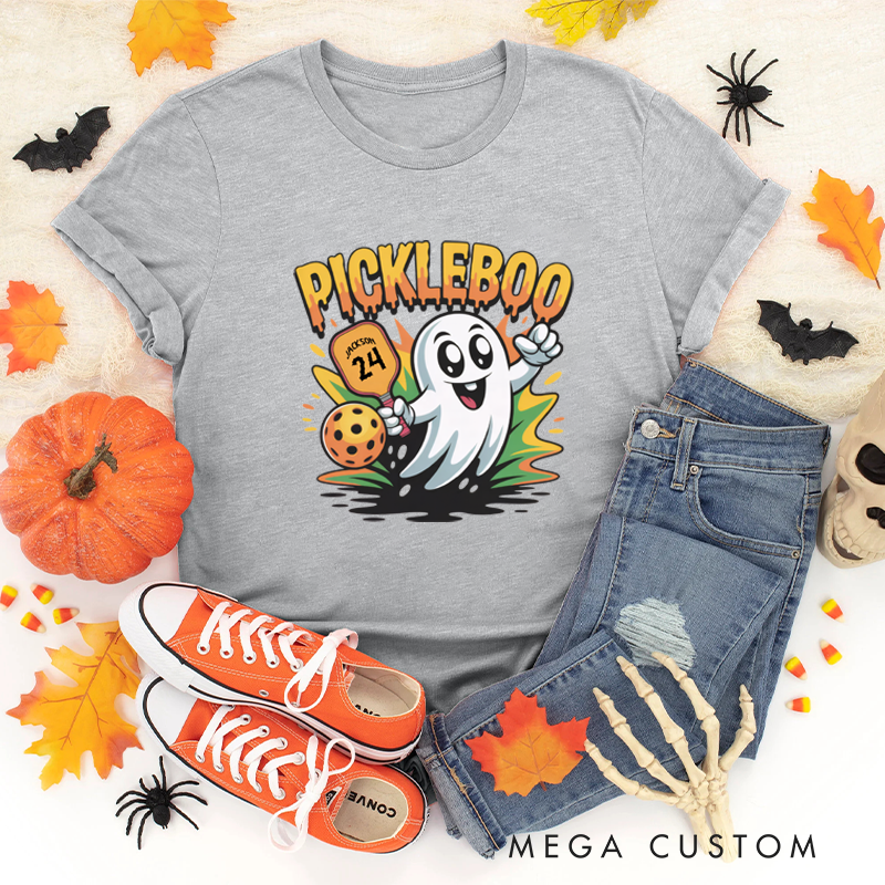 Personalized "Pickleboo" Halloween Pickleball T-Shirt with Customizable Name, Number, and Cute Ghost Design