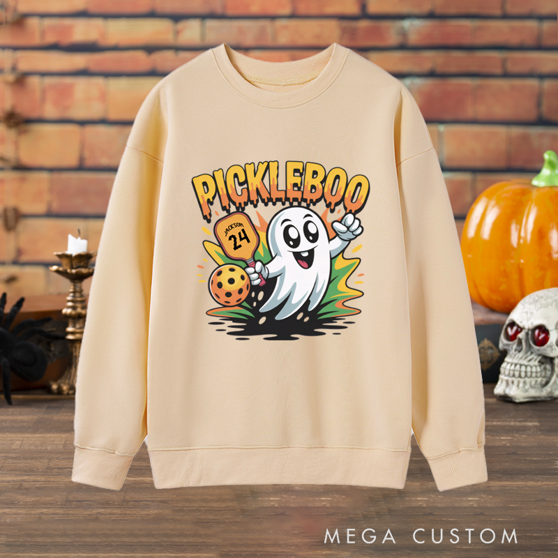 Personalized "Pickleboo" Halloween Pickleball Sweatshirt with Custom Name and Number Design