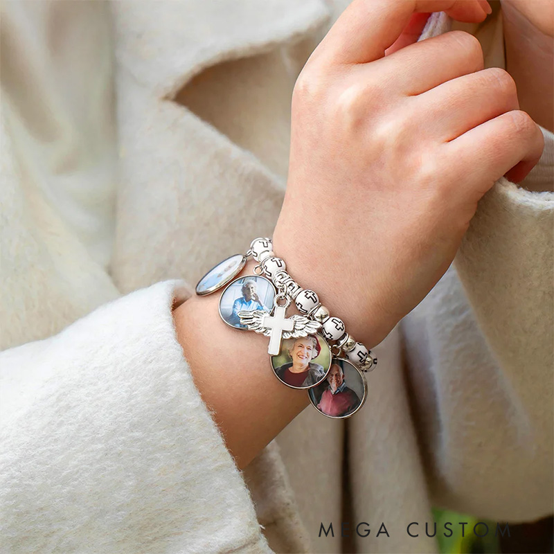 Personalized Cross Elastic Cord Commemorative Bracelet with Photo Religious Christmas Gift for Christian