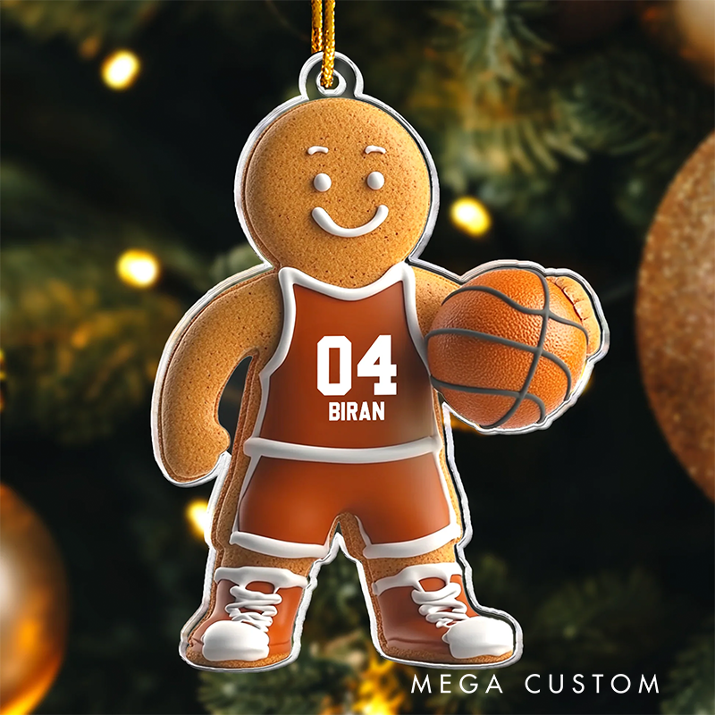 Personalized Gingerbread Basketball Player Ornament with Custom Name and Number Design