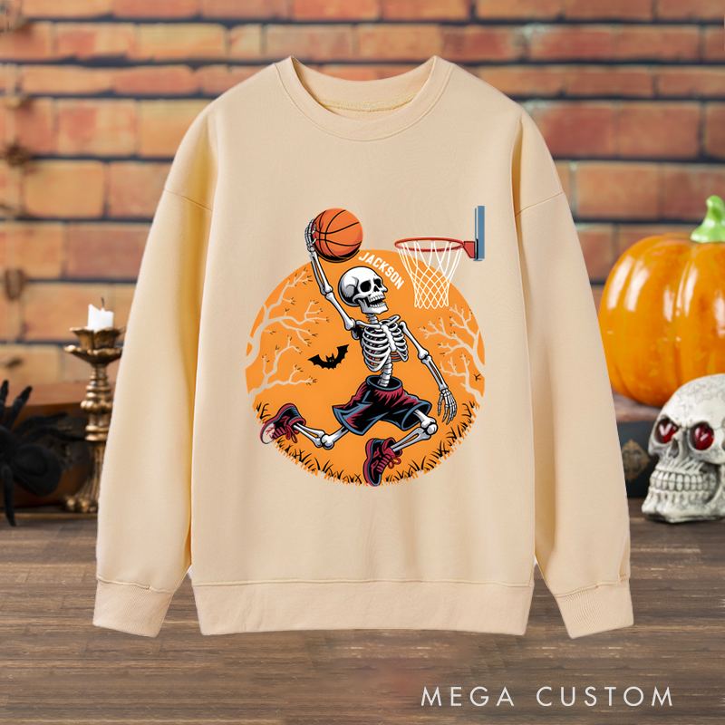Personalized Halloween Basketball Sweatshirt with Skeleton Dunking Design and Custom Name