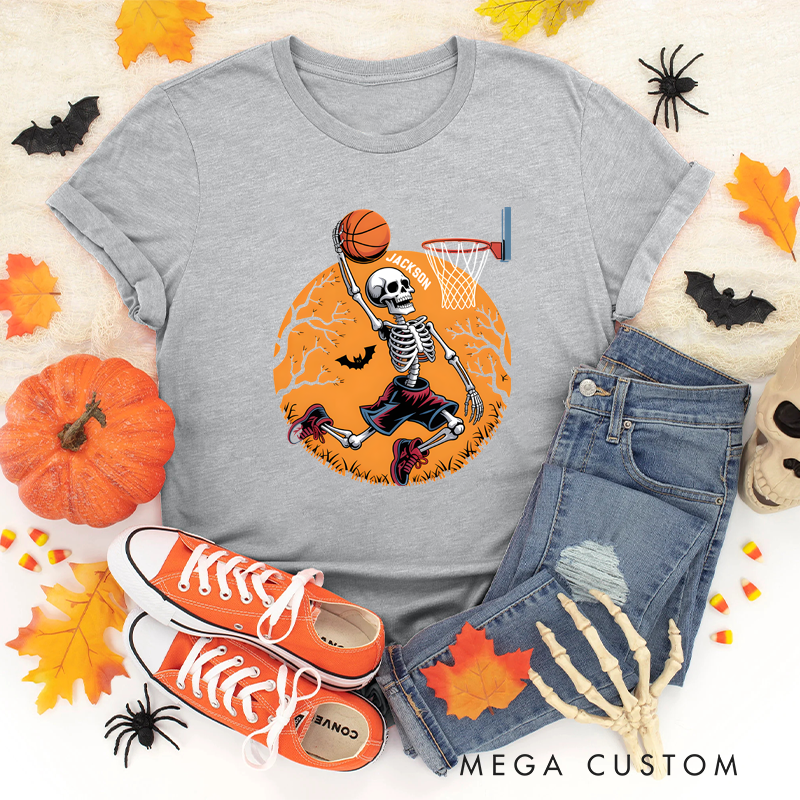 Personalized Halloween Basketball T-Shirt with Skeleton Dunking Design and Custom Name